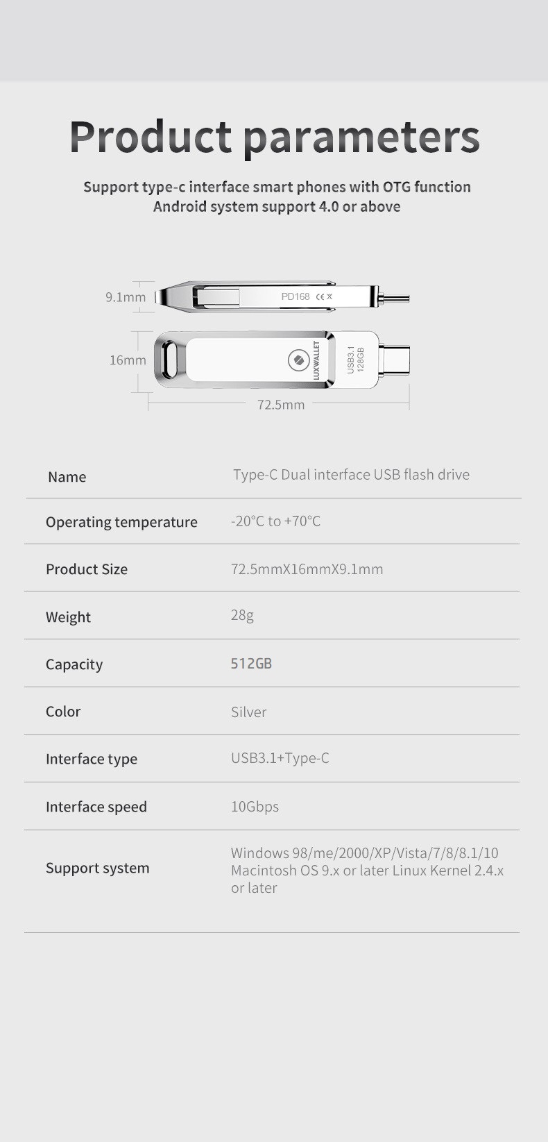 LUXWALLET PD8 USB Stick 512GB USB-C Type-C 3.1- USB 3.0 Flash Drive - OTG –360 Graden Roteerbaar – Zilver - Afbeelding 13