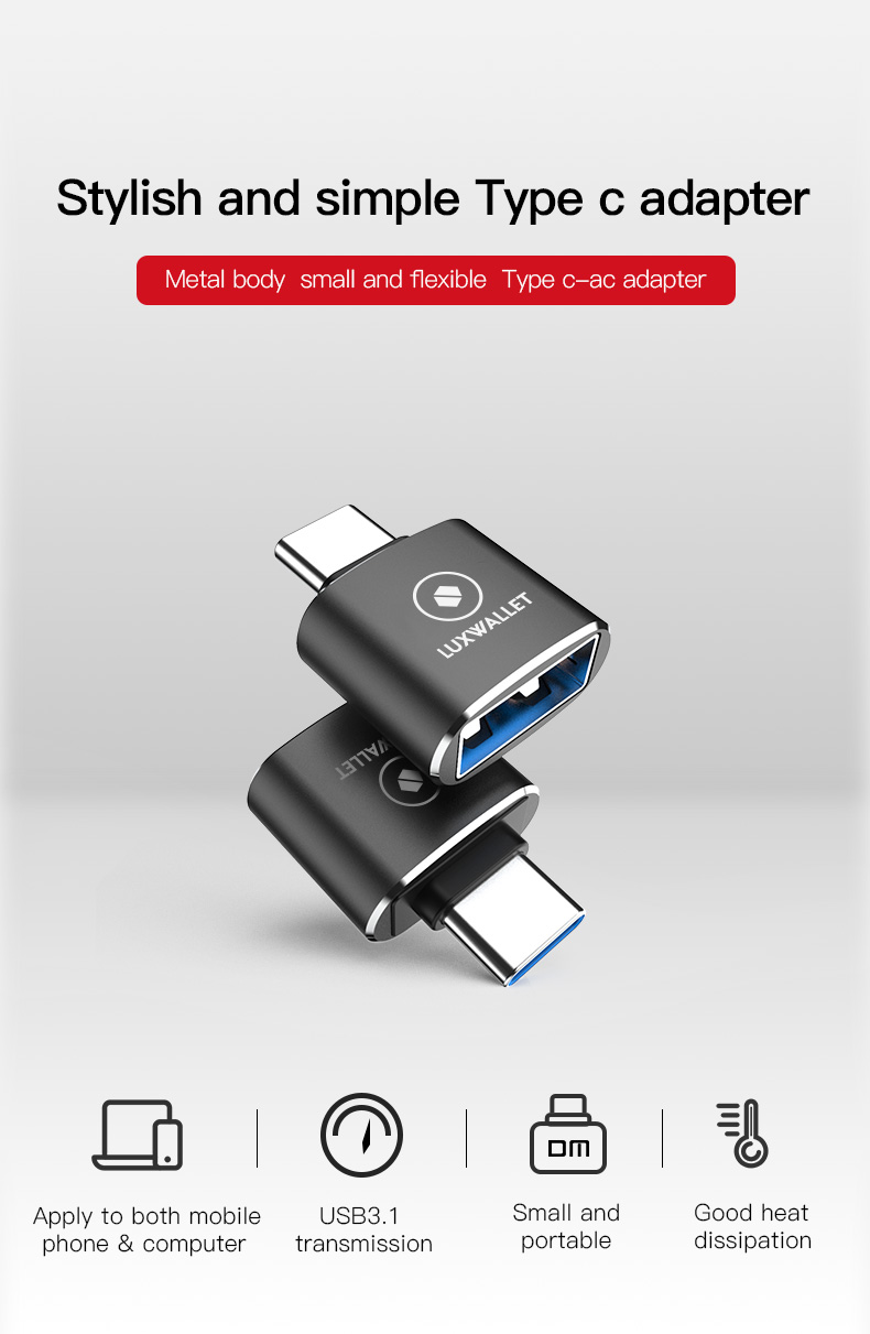 LUXWALLET DMA12 USB C / Type C Male naar USB 3.0 Female OTG Adapter -Zwart - Afbeelding 6