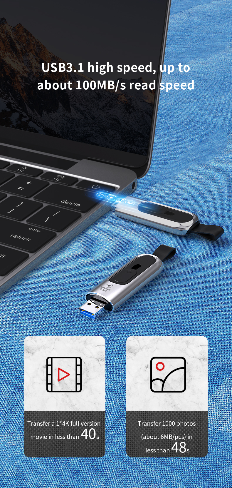 LUXWALLET PD1 Metalen USB3.1/3.0 Flash Drive – USB Stick - 512GB - Leessnelheid tot 100Mb/s – Push&Pull met Leren Staartriem- Zilver - Afbeelding 10
