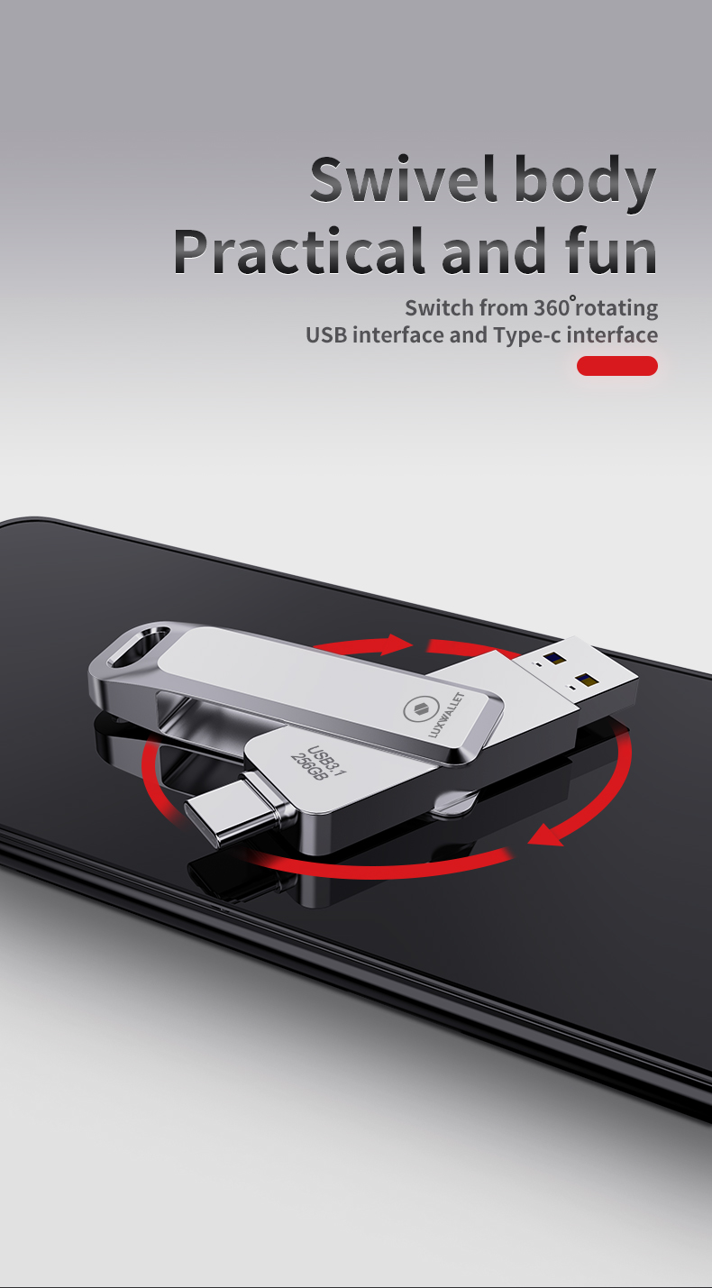 LUXWALLET PD8 USB Stick 256GB USB-C Type-C 3.1- USB 3.0 Flash Drive - OTG –360 Graden Roteerbaar – Zilver - Afbeelding 11