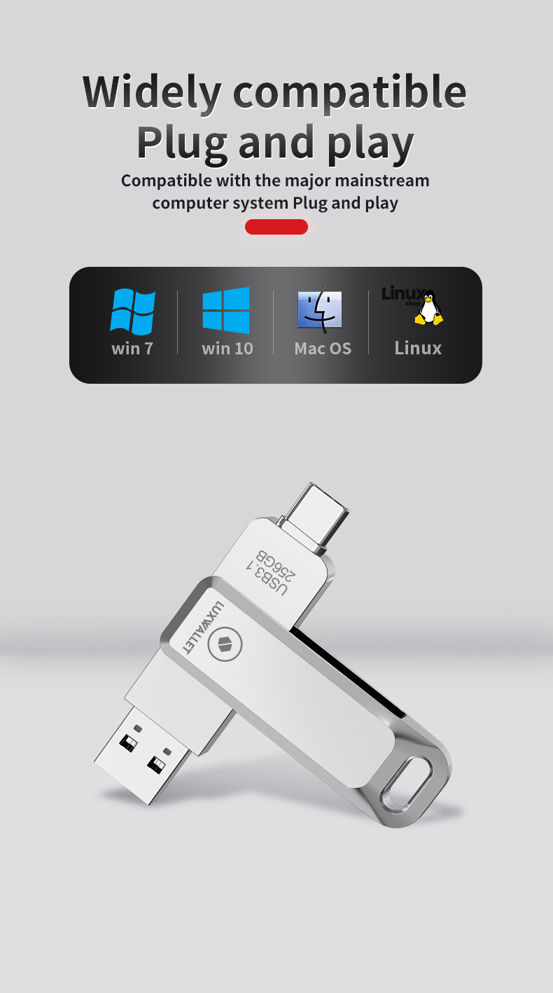 LUXWALLET PD8 USB Stick 256GB USB-C Type-C 3.1- USB 3.0 Flash Drive - OTG –360 Graden Roteerbaar – Zilver - Afbeelding 13