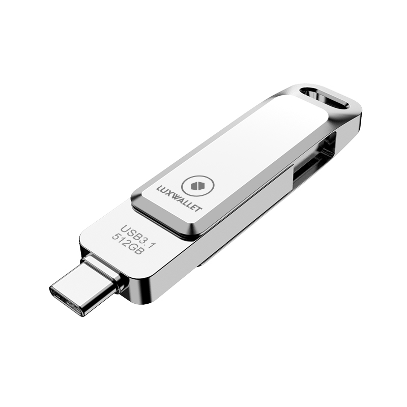 LUXWALLET PD8 USB Stick 512GB USB-C Type-C 3.1- USB 3.0 Flash Drive - OTG –360 Graden Roteerbaar – Zilver - Afbeelding 2