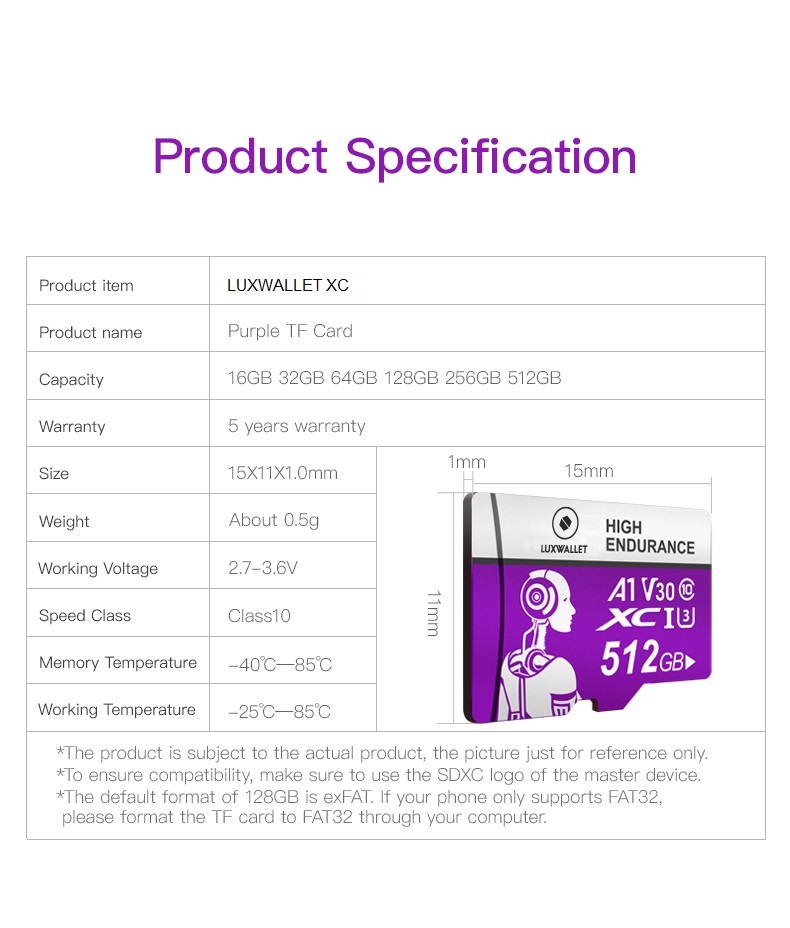 LUXWALLET® HC - 256 GB Micro SD Kaart - TF Klasse 10 - High Endurance - Snelle Gegevensoverdracht - Paars - Afbeelding 12