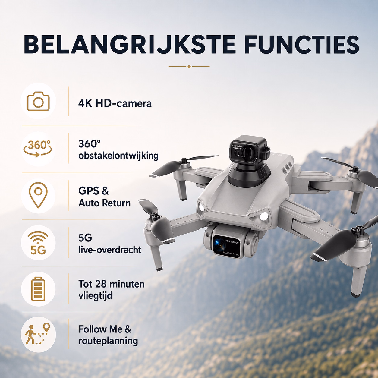 LUXWALLET LIBRA² SE - 30KM/h - 214 Gram - Obstakel Ontwijking - WiFi GPS 4K Drone - Stabilisator - 1200 Meter + 2x Accu - Grijs - Afbeelding 3