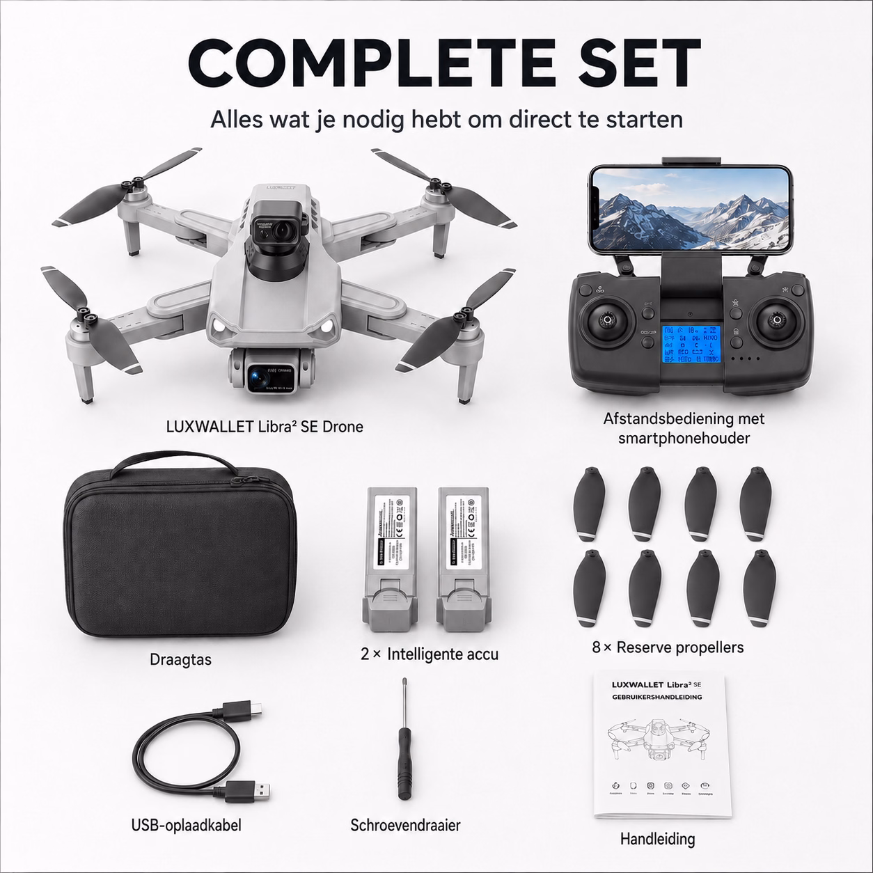 LUXWALLET LIBRA² SE - 30KM/h - 214 Gram - Obstakel Ontwijking - WiFi GPS 4K Drone - Stabilisator - 1200 Meter + 2x Accu - Grijs - Afbeelding 7