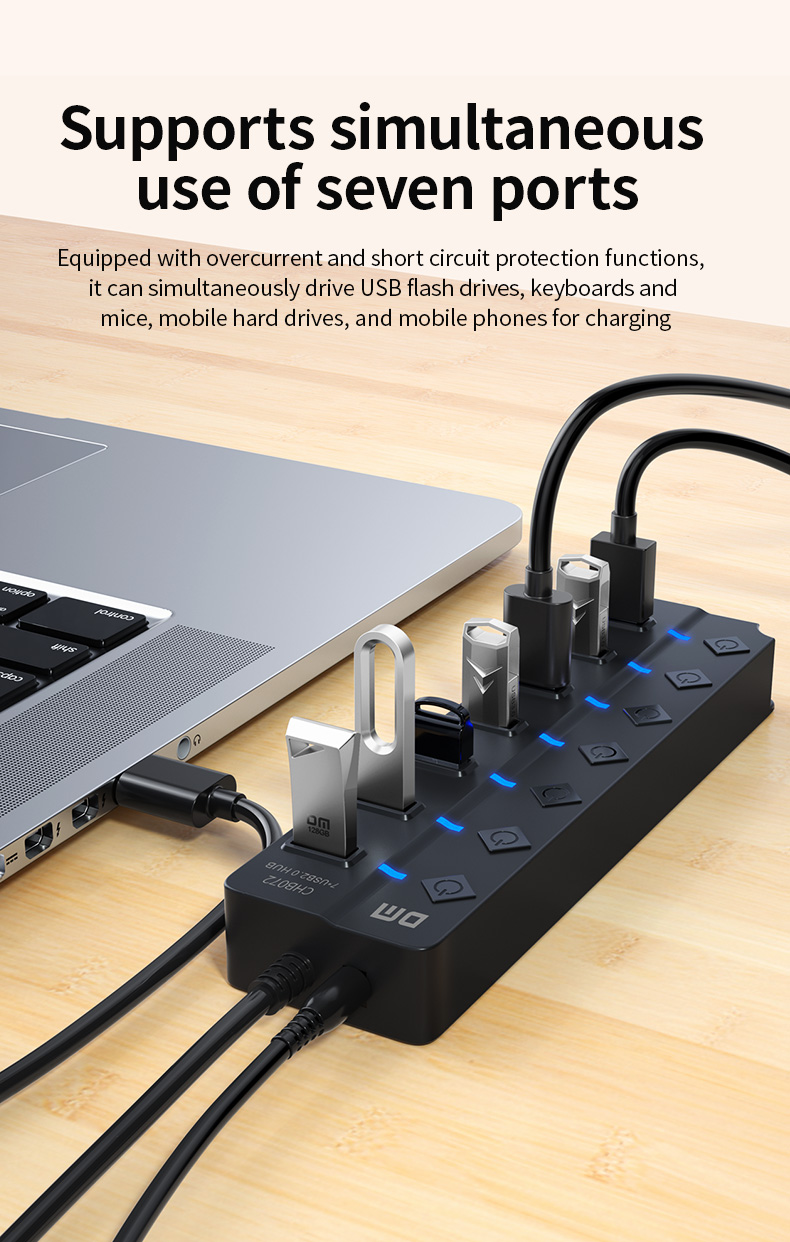 LUXWALLET PowerHub Pro - 7-in-1 USB Hub - USB 2.0 - USB-Aansluiting - Aan/Uit schakelaar - Splitter - LED Indicatie - Zwart - Afbeelding 17