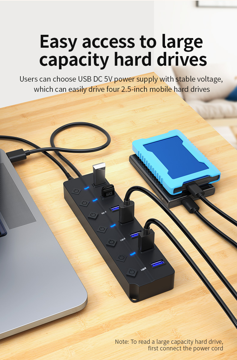 LUXWALLET PowerHub Pro - 7-in-1 USB Hub - USB 2.0 - USB-Aansluiting - Aan/Uit schakelaar - Splitter - LED Indicatie - Zwart - Afbeelding 12