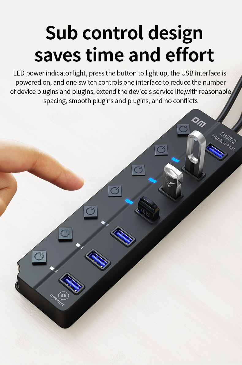 LUXWALLET PowerHub Pro - 7-in-1 USB Hub - USB 2.0 - USB-Aansluiting - Aan/Uit schakelaar - Splitter - LED Indicatie - Zwart - Afbeelding 19