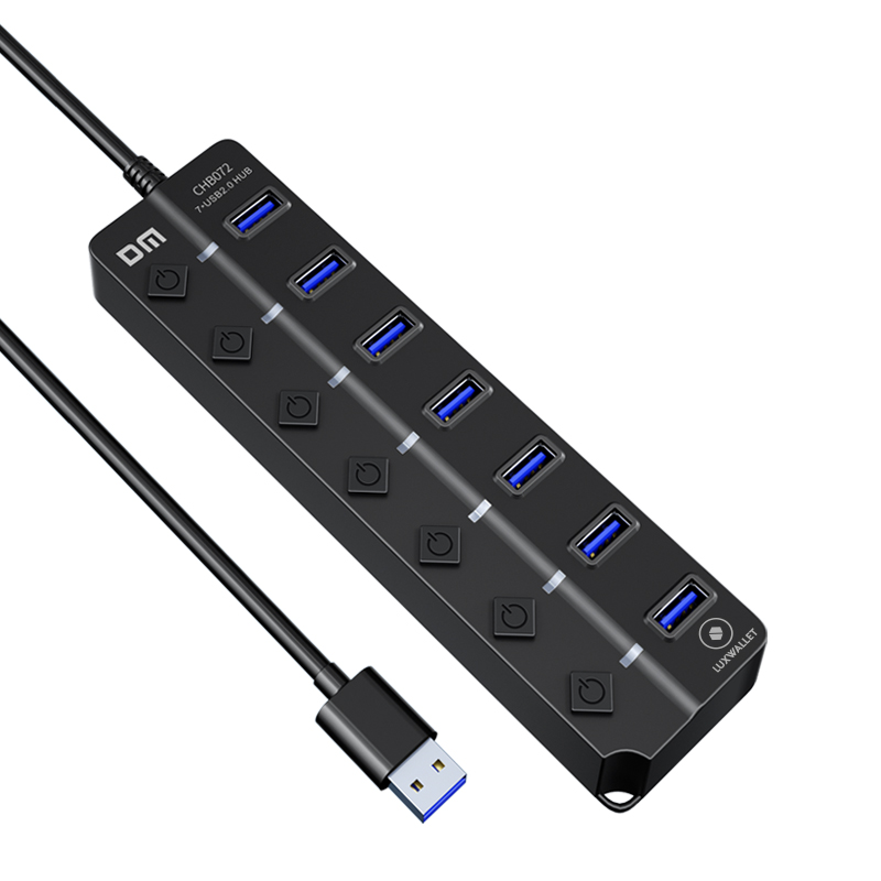 LUXWALLET PowerHub Pro - 7-in-1 USB Hub - USB 2.0 - USB-Aansluiting - Aan/Uit schakelaar - Splitter - LED Indicatie - Zwart