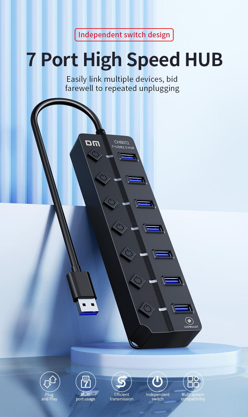LUXWALLET PowerHub Pro - 7-in-1 USB Hub - USB 2.0 - USB-Aansluiting - Aan/Uit schakelaar - Splitter - LED Indicatie - Zwart - Afbeelding 16