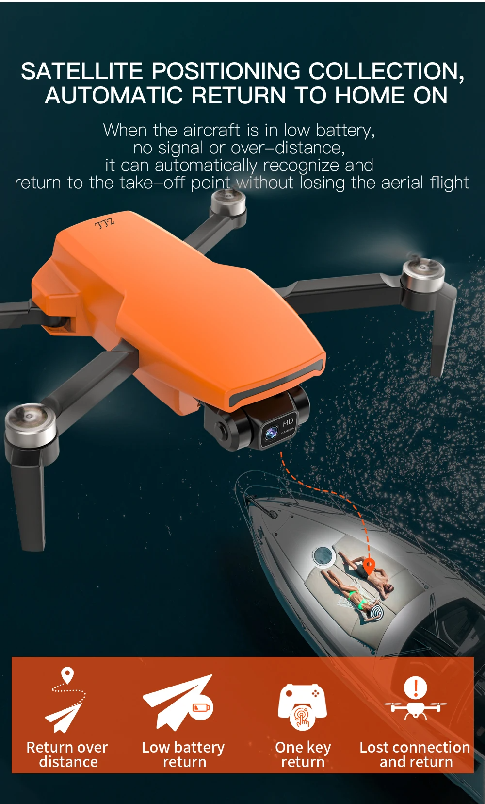 LUXWALLET SkyVortex - 5 Ghz WiFi GPS Drone - 2 Axis Gimbal Drone – Return To Home – 50x Zoom – 1000M Afstand - Smart Follow & Bedienen met Handgebaren - Oranje - Afbeelding 12