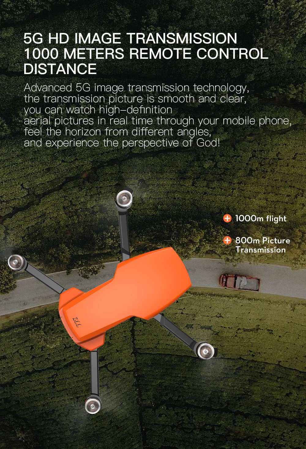 LUXWALLET SkyVortex - 5 Ghz WiFi GPS Drone - 2 Axis Gimbal Drone – Return To Home – 50x Zoom – 1000M Afstand - Smart Follow & Bedienen met Handgebaren - Oranje - Afbeelding 14