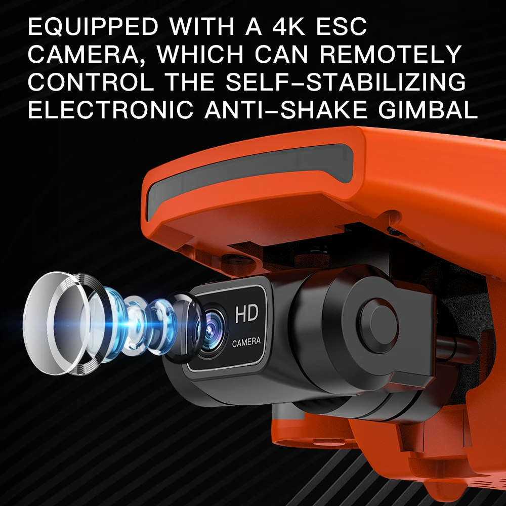 LUXWALLET SkyVortex - 5 Ghz WiFi GPS Drone - 2 Axis Gimbal Drone – Return To Home – 50x Zoom – 1000M Afstand - Smart Follow & Bedienen met Handgebaren - Oranje - Afbeelding 3