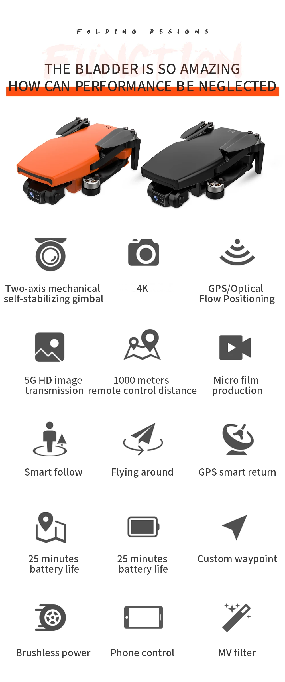 LUXWALLET SkyVortex - 5 Ghz WiFi GPS Drone - 2 Axis Gimbal Drone – Return To Home – 50x Zoom – 1000M Afstand - Smart Follow & Bedienen met Handgebaren - Oranje - Afbeelding 4