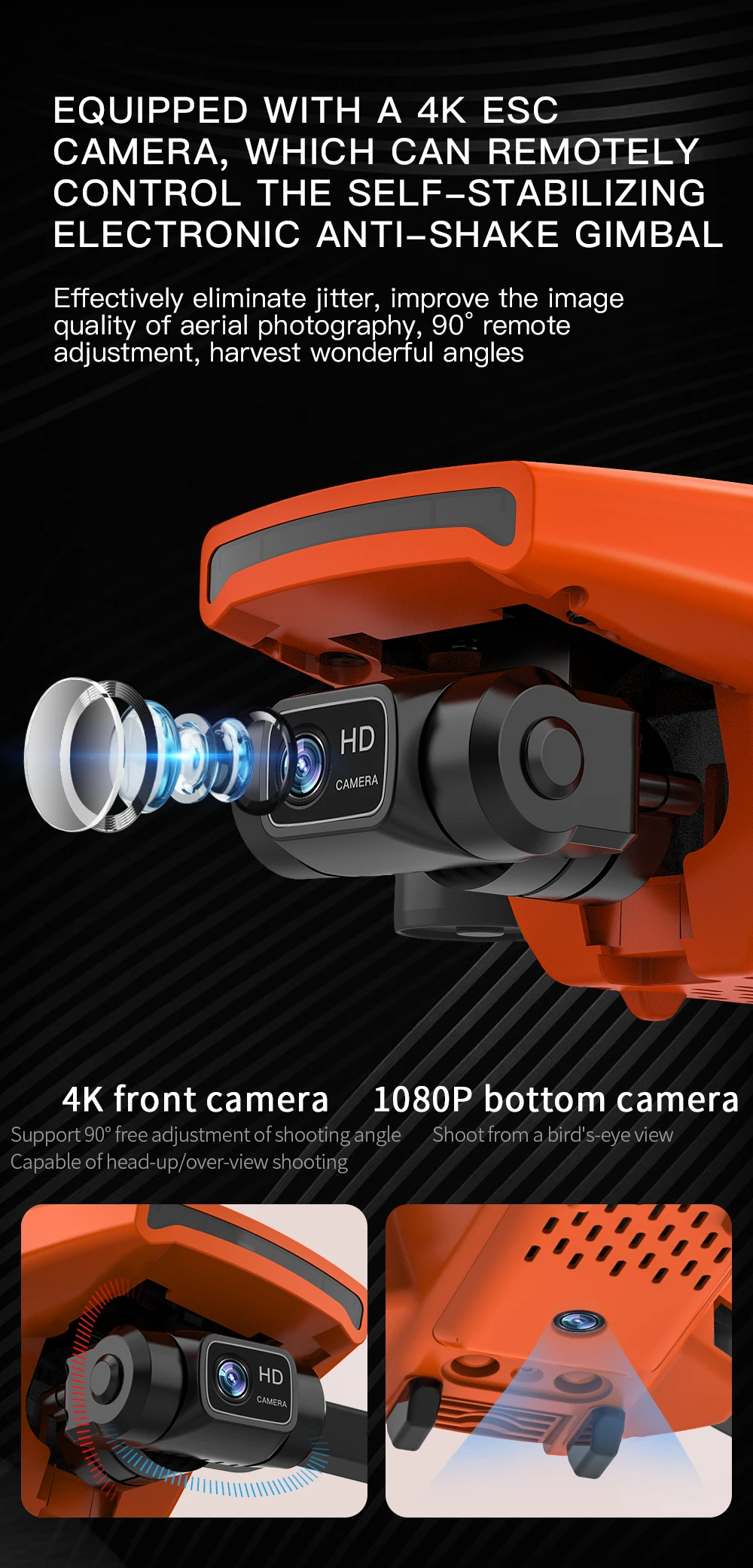 LUXWALLET SkyVortex - 5 Ghz WiFi GPS Drone - 2 Axis Gimbal Drone – Return To Home – 50x Zoom – 1000M Afstand - Smart Follow & Bedienen met Handgebaren - Oranje - Afbeelding 5