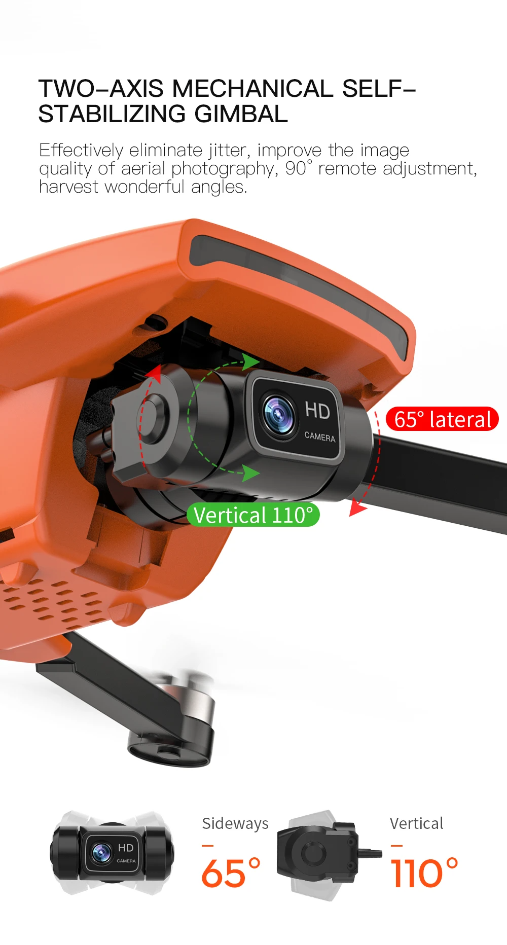 LUXWALLET SkyVortex - 5 Ghz WiFi GPS Drone - 2 Axis Gimbal Drone – Return To Home – 50x Zoom – 1000M Afstand - Smart Follow & Bedienen met Handgebaren - Oranje - Afbeelding 6