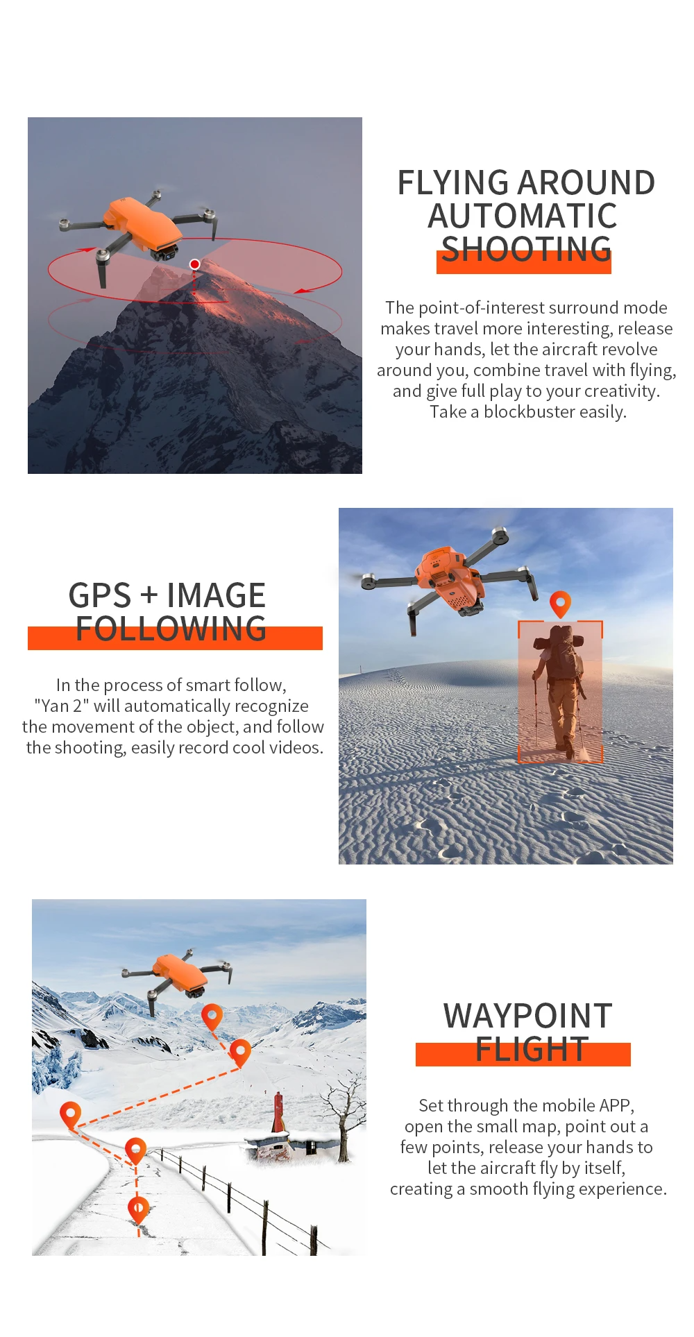 LUXWALLET SkyVortex - 5 Ghz WiFi GPS Drone - 2 Axis Gimbal Drone – Return To Home – 50x Zoom – 1000M Afstand - Smart Follow & Bedienen met Handgebaren - Oranje - Afbeelding 11