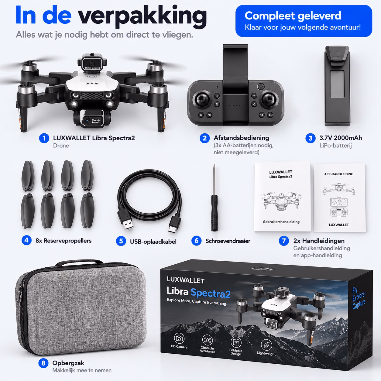 LUXWALLET Libra Spectra2 Drone met Camera – C0 174g – 360° Obstakeldetectie – 25 Min Vliegtijd – Smart Follow – Wit - Afbeelding 8
