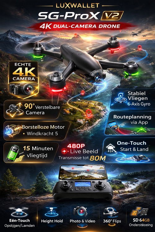 LUXWALLET SG-ProX V2 - Camera Drone Beginner / Kids – 480P Dual-Camera - Opstijgen en Landen Met Eén Knop - Routeplanning Via De App - Borstelloze Motoren – Mobiele App – Micro SD Kaart - Zwart - Afbeelding 2