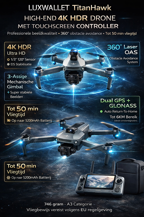 LUXWALLET TitanHawk 4K Drone – 3-Axis Mechanische Gimbal - 360° Laser Obstacle Avoidance - Dual GPS - Brushless Motoren - 50min Vliegtijd - 6000m Controller Range & Touchscreen Afstandsbediening 2 Batterijen – Donker Grijs - Afbeelding 2