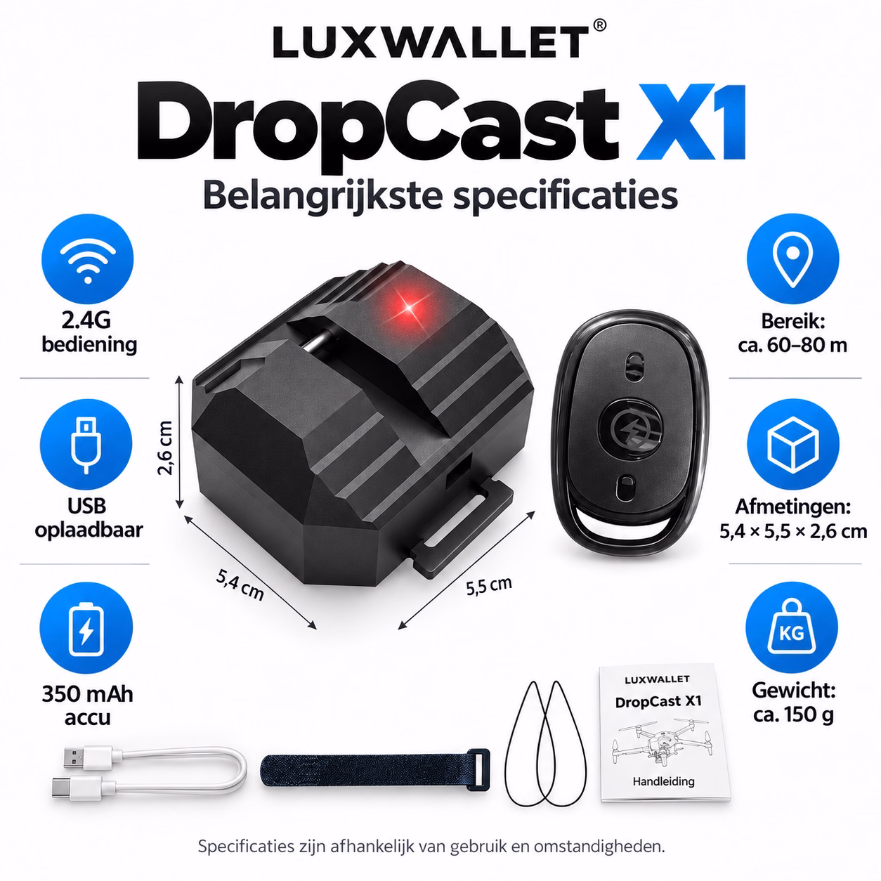 LUXWALLET DropCast X1 – Universeel Drone Airdrop Systeem – 2.4G Afstandsbediening – USB Oplaadbaar – Diverse Drones - Afbeelding 6